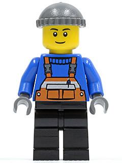 LEGO Minifigure-Overalls with Safety Stripe Orange, Black Legs, Dark Bluish Gray Knit Cap, Black Legs, Black Eyebrows, Thin Grin-Town-TWN123A-Creative Brick Builders